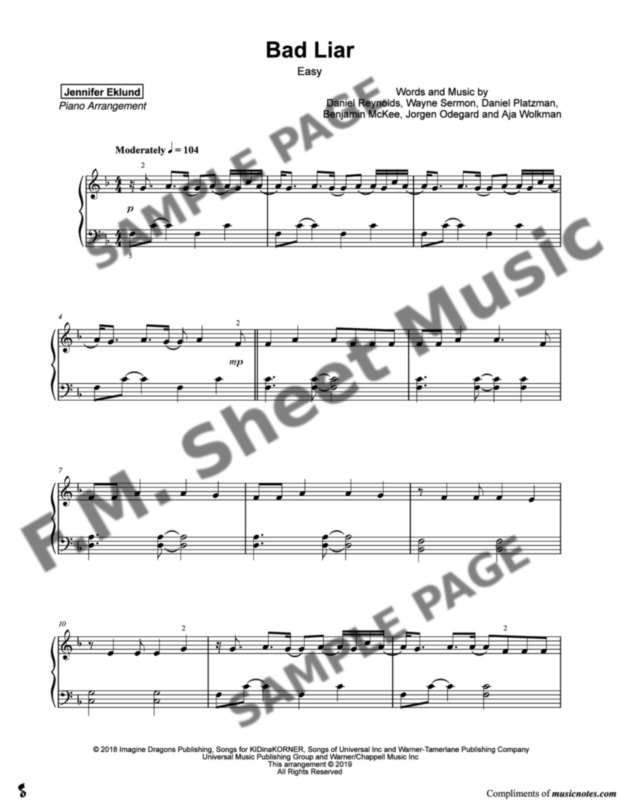 Bad Liar Easy Piano By Imagine Dragons F M Sheet Music Pop